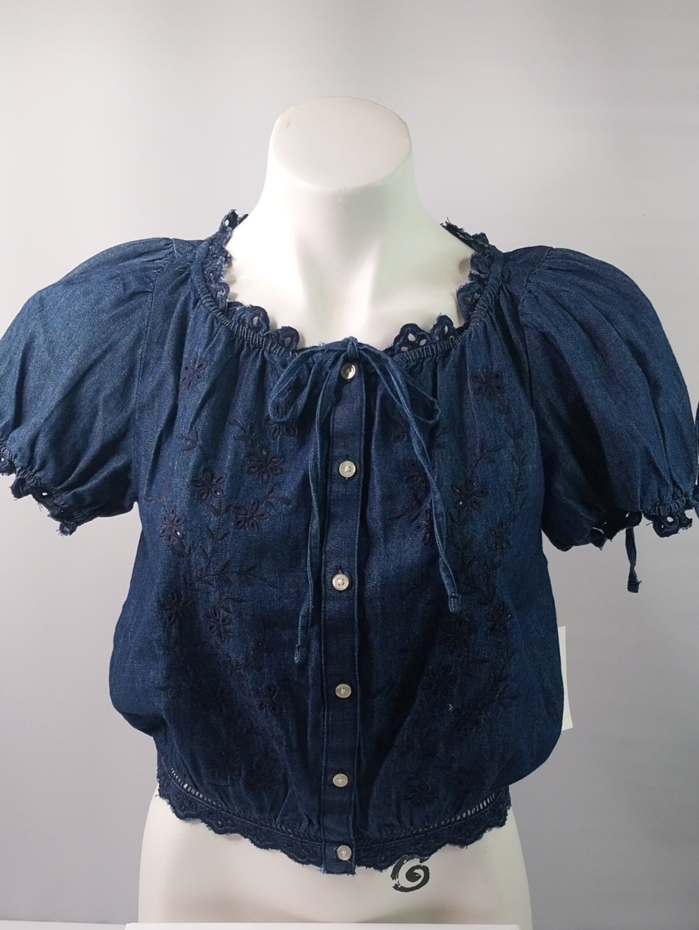 Women's Dark Blue Embroidered Denim Button-Front Free Assembly Top